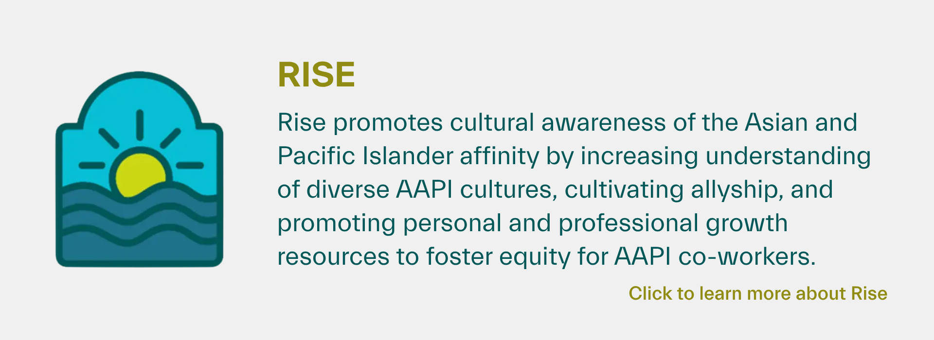 A card with information about Rise, a BRG for Asian and Pacific Islander coworkers and allies; click to learn more. 