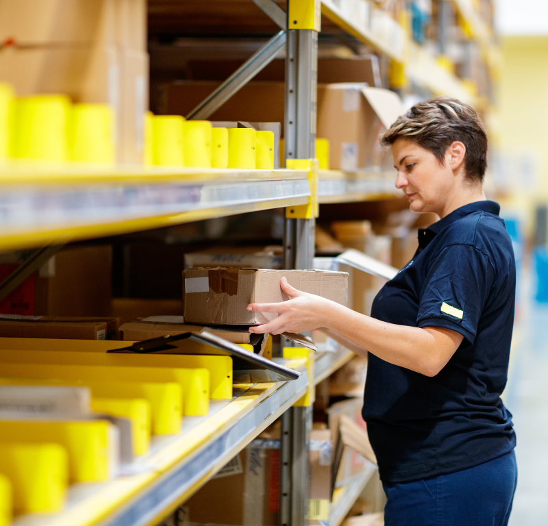 Woman in a warehouse moving boxes while looking at her clipboard.