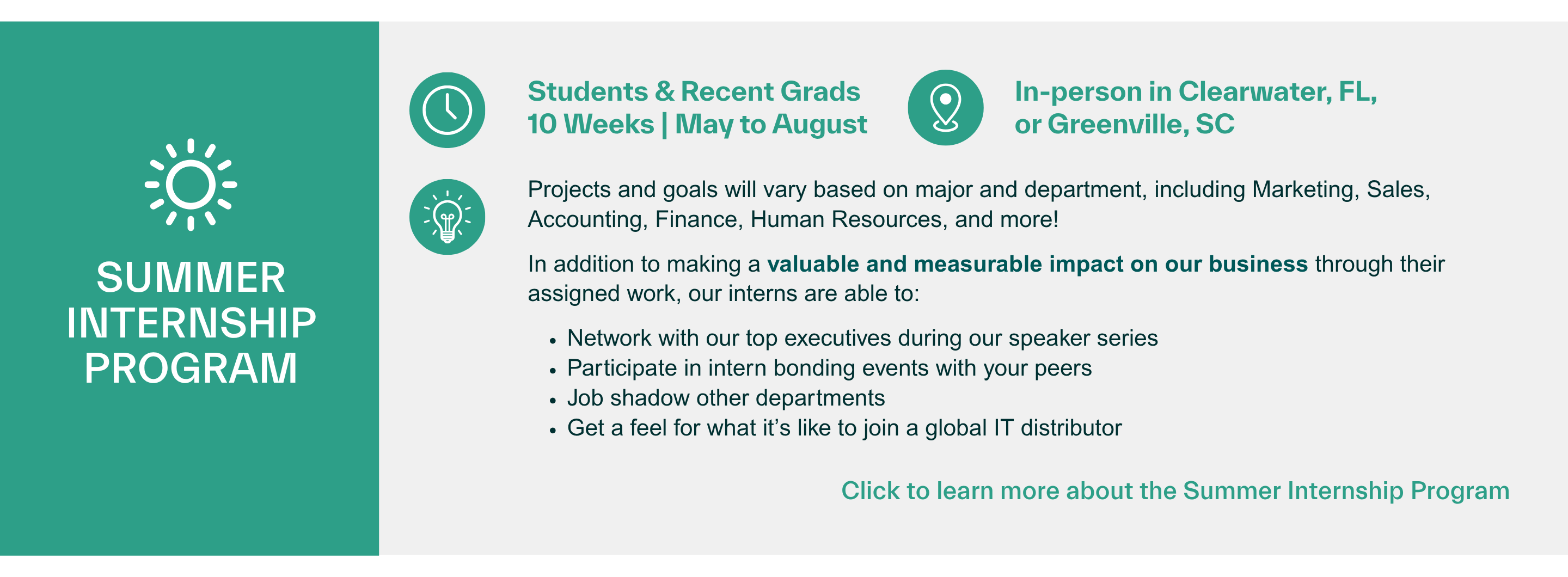 A card with information about our Summer Internship Program. Click to learn more!