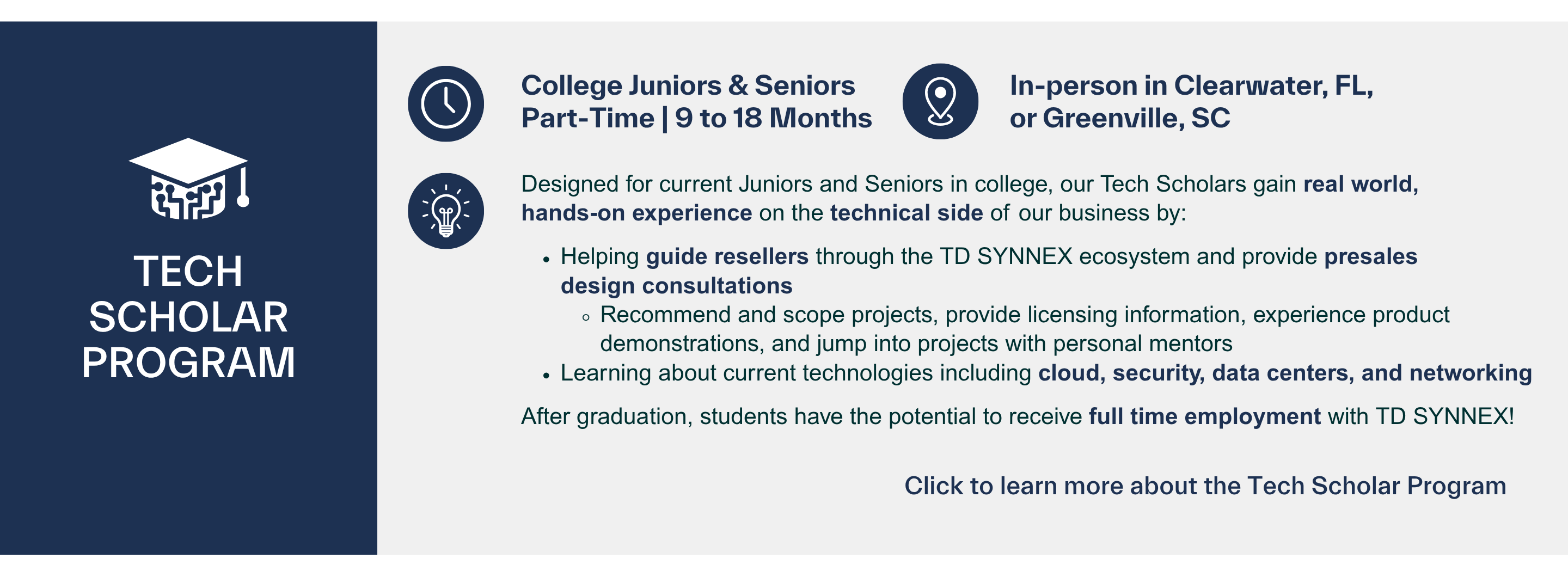 A card with basic information about the Tech Scholar Program. Click to learn more!
