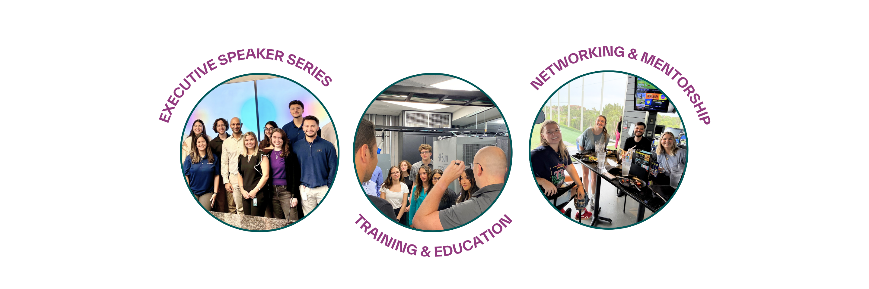 Photos showing interns with the curved text "Executive Speaker Series," "Training and Education," and "Networking and Mentorship." 