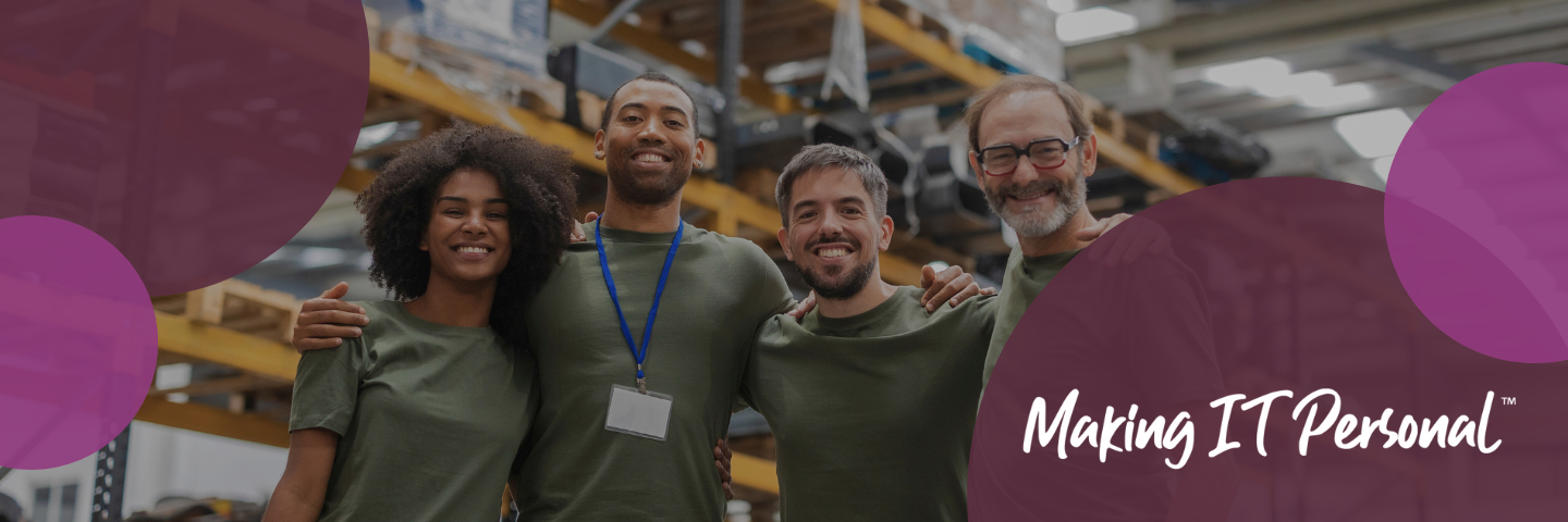 Coworkers standing together smiling in a warehouse with a border of purple circles