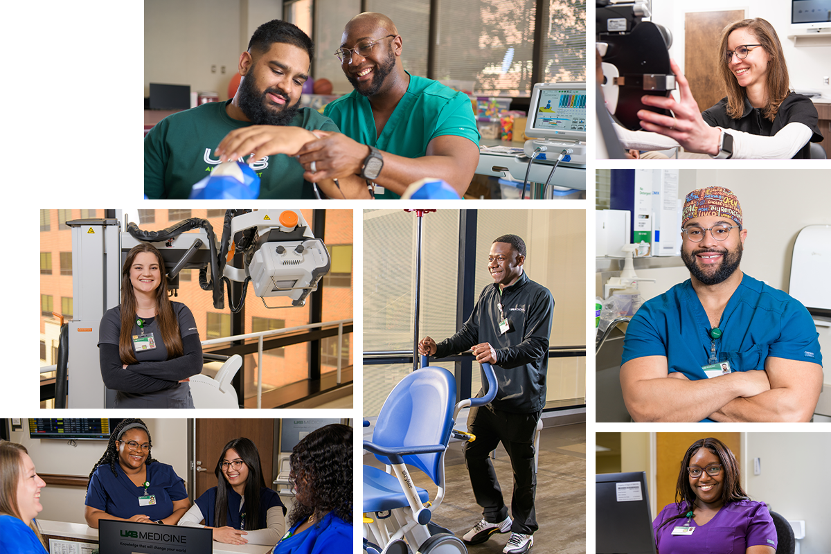 Collage of 7 photos showing  mix of male and female employees in different hospital roles