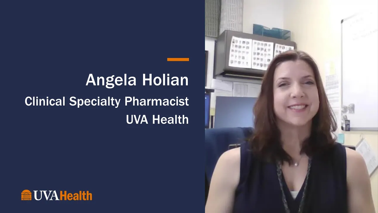 Person looks directly at camera in office setting, text on the left says Angela Holian, Clinical Specialty Pharmacist, UVA Health.