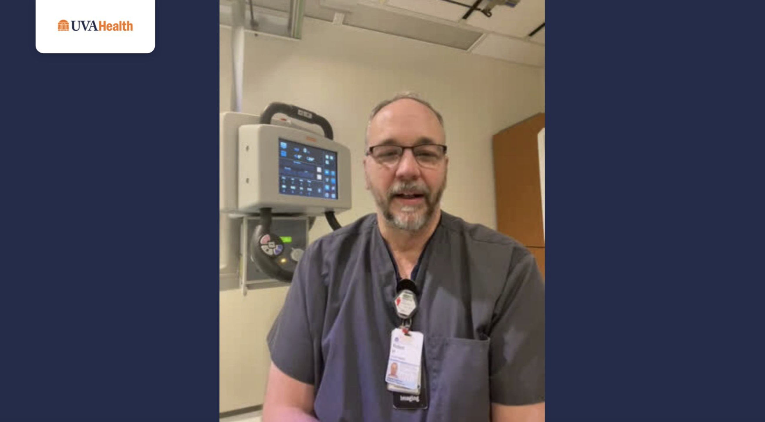 Imaging supervisor in blue scrubs with small imaging screen in background speaks directly to camera.