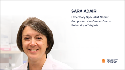 Person in white coat looking at camera with their name, job title, and organization name in the upper right corner and the orange UVA logo in the bottom right corner. 