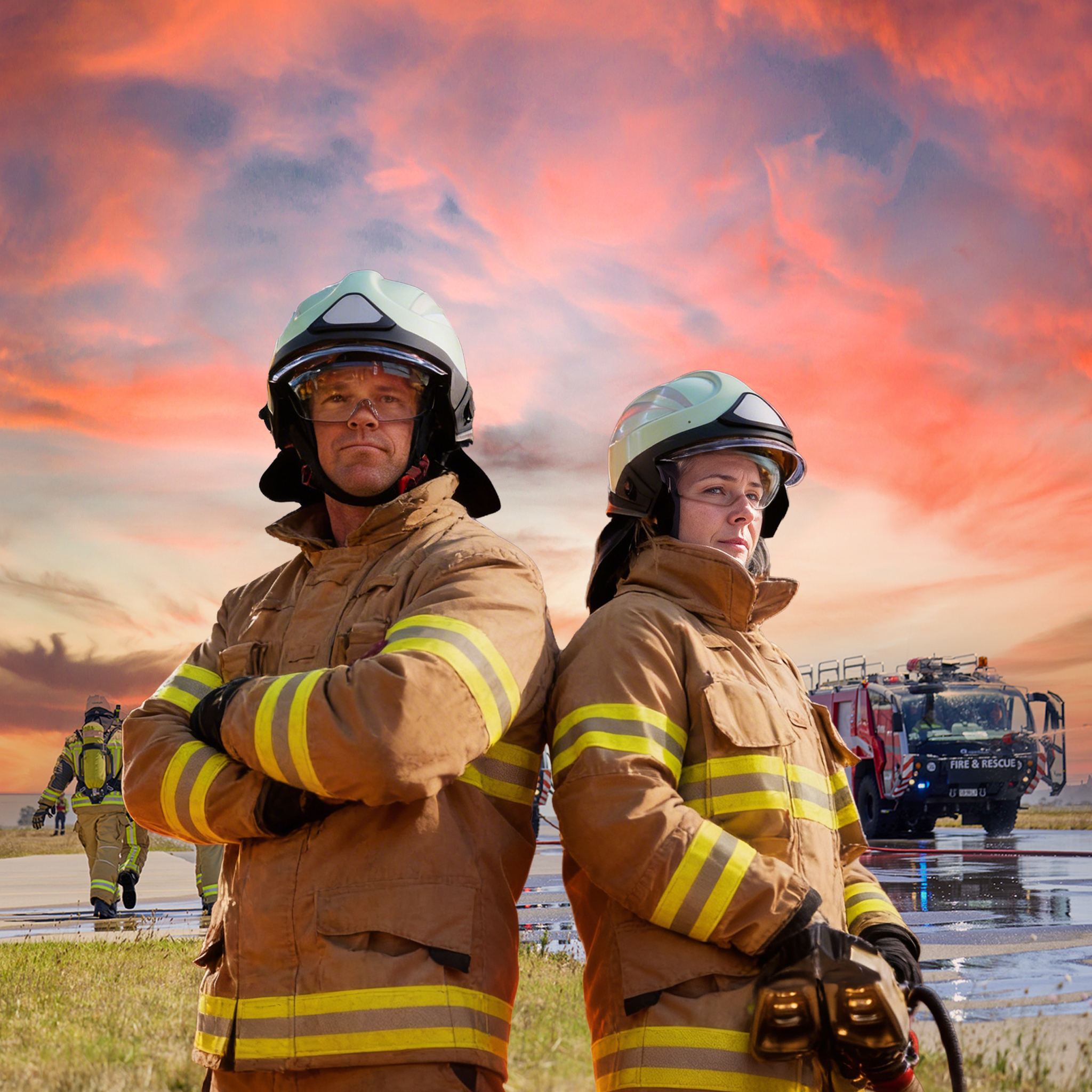 Firefighters holding equipment