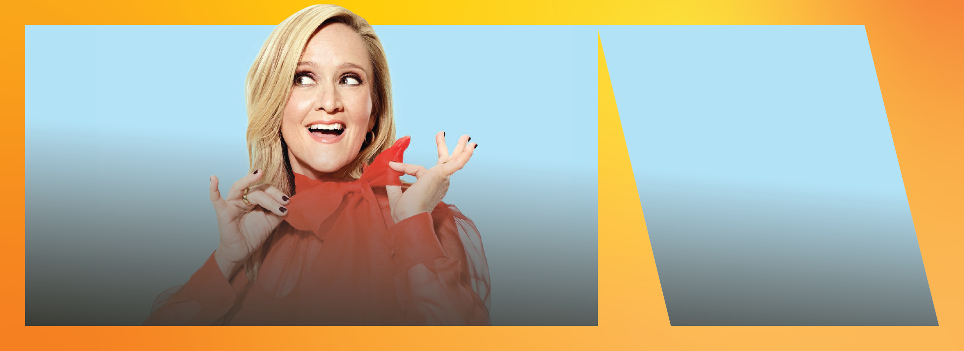 Samantha Bee adjusting the bow on her bright red blouse
