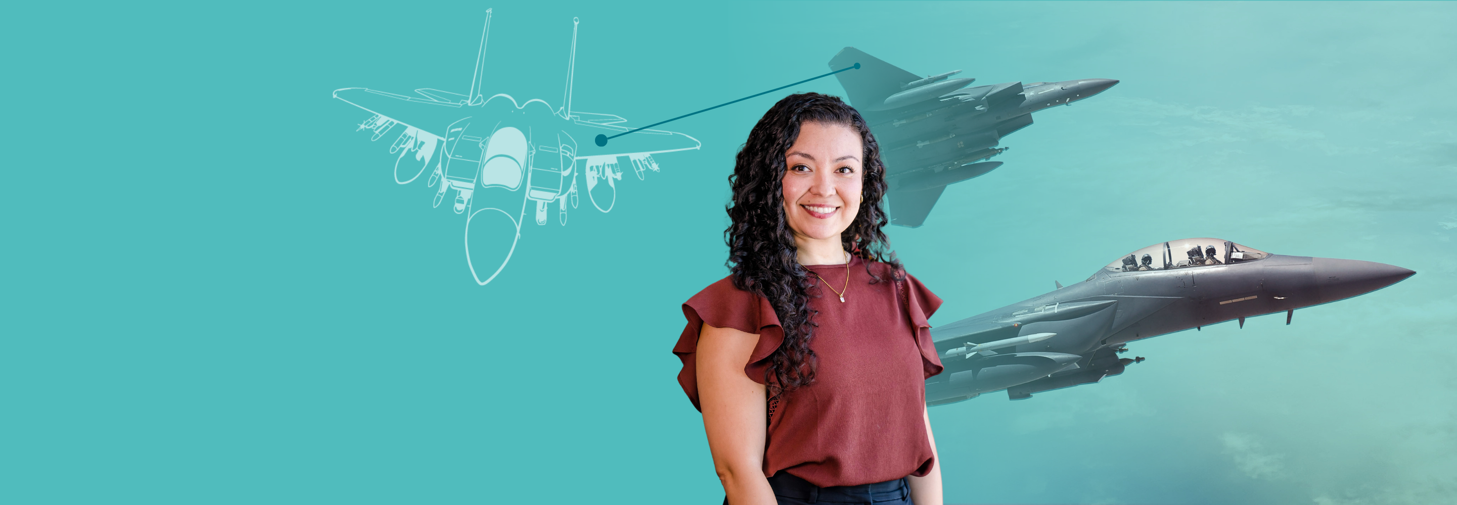 Graphic featuring Valerie, a BAE Systems quality engineer. Valerie is isolated on the graphic and there are three jets flying behind her.