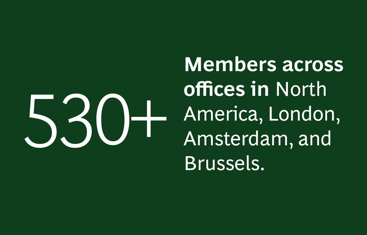 The image has a dark green background with the following text:  530+  Members across offices in North America, London, Amsterdam, and Brussels.  "530+" is in large, bold white font on the left side of the image. The rest of the text is in white and aligned to the right of the "530+", with "offices in" in bold for emphasis.