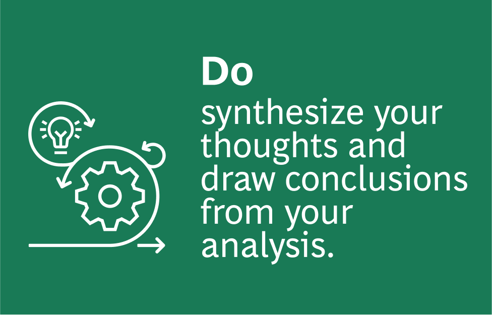 A green background with a white gear icon surrounded by arrows and a lightbulb, representing a process. The text reads: "Do synthesize your thoughts and draw conclusions from your analysis."