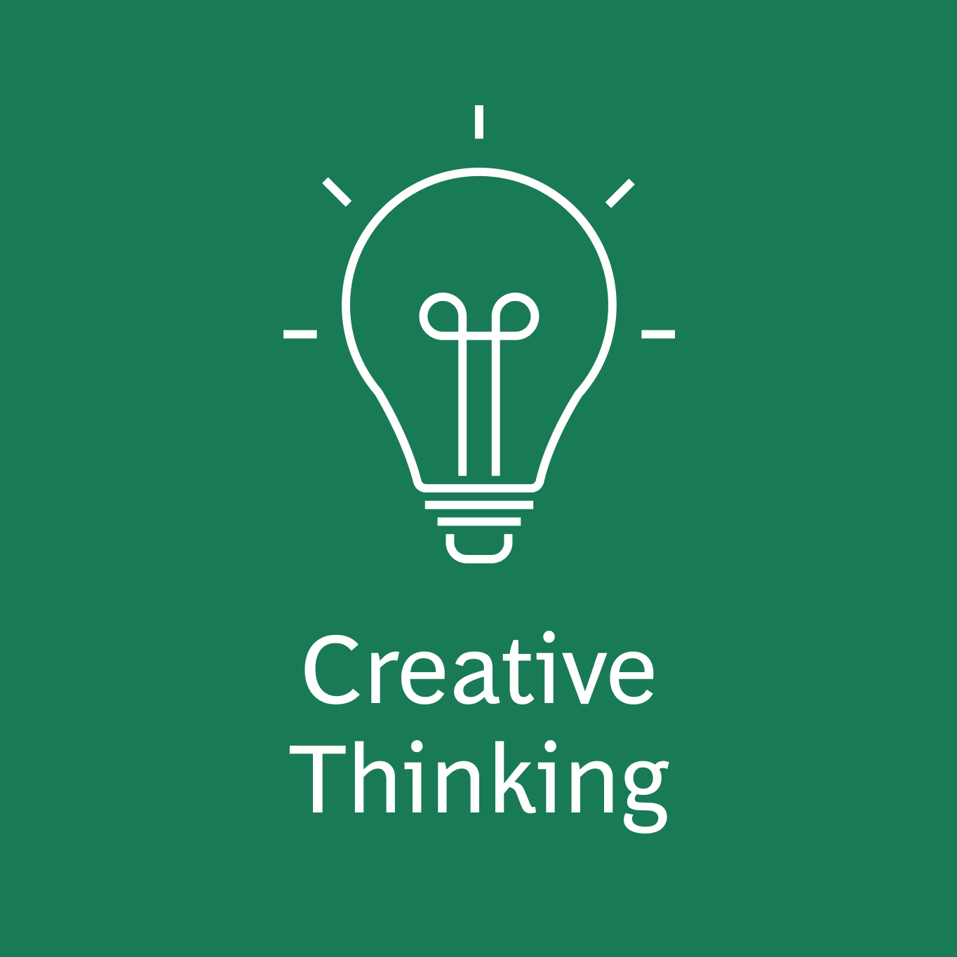 This image features a simple yet iconic representation of a light bulb depicted in white line art on a dark green background, symbolizing illumination and the sparking of ideas. Below the bulb, the phrase "Creative Thinking" is clearly displayed. 