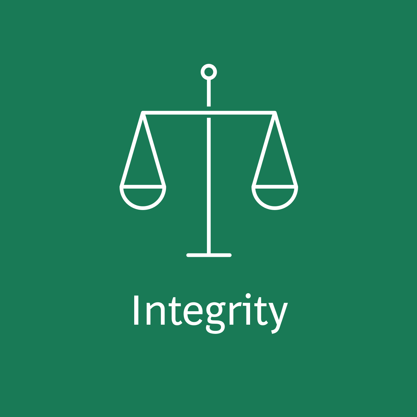 This image features a minimalistic icon of a scale of justice on a solid dark green background with the word "Integrity" written below it. The scale is depicted in a simple line art style.