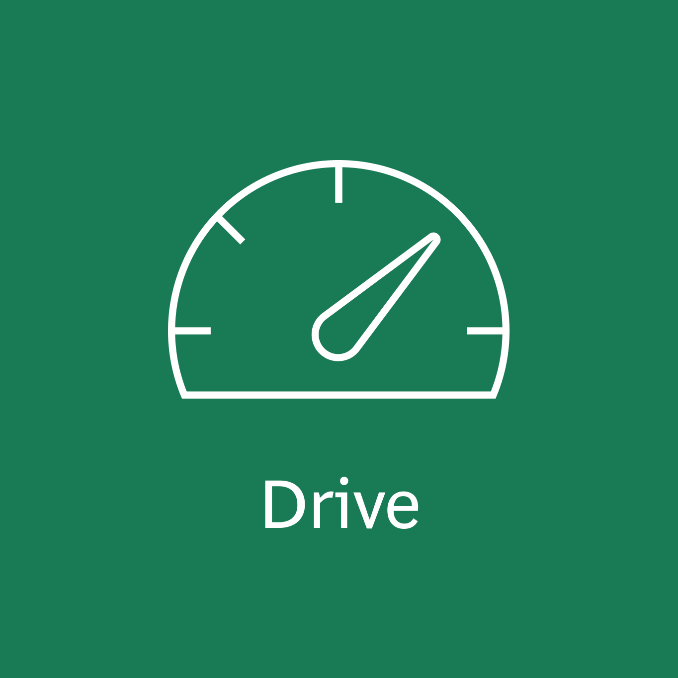 This image features a simplistic line art icon of a speedometer, depicted in white on a dark green background. The speedometer's needle is positioned towards the higher end of the gauge, symbolizing high performance and forward momentum. Below the icon, the word "Drive" is clearly displayed.