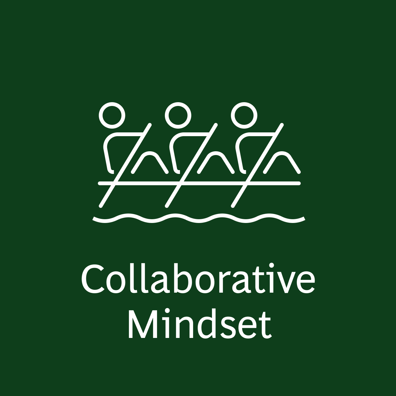  This image features a minimalistic icon of three stick figures rowing a boat together, depicted in white line art on a dark green background. Below the icon, the words "Collaborative Mindset" are prominently displayed. The icon symbolizes teamwork, unity, and the combined effort of individuals working harmoniously towards a common goal. 