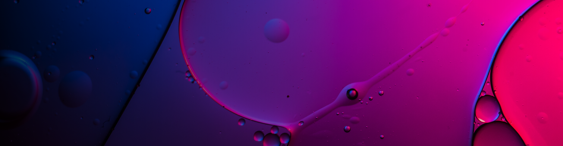 This panoramic image showcases a captivating abstract design of vibrant oil and water interactions. The scene is saturated with deep shades of blue and pink, with varying sizes of bubbles and slicks creating a fluid, organic pattern. 