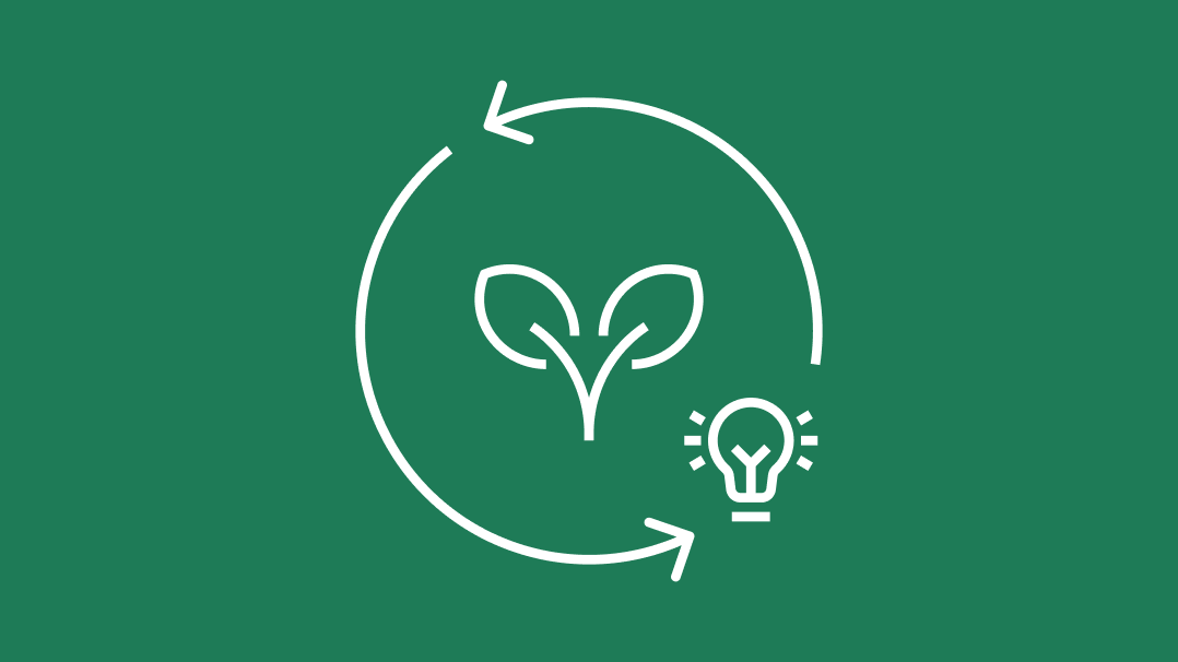 Icon representing net zero sustainability concept with two elements in a circular motion on a dark green background. On the left, there is a stylized sapling with two leaves, symbolizing growth or nature. On the right, a glowing light bulb represents energy or innovation. Arrows curve around the elements, suggesting a cycle or process, likely indicating the circular nature of sustainability and the idea of renewing resources.