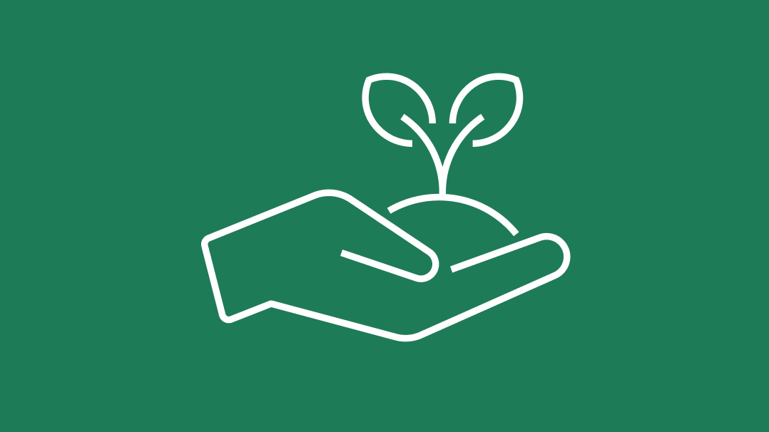 Flex pathsIcon of a hand in a supportive gesture with a young plant sprouting from the palm, outlined in white against a dark green background. The image symbolizes care, growth, nurturing, or well-being.