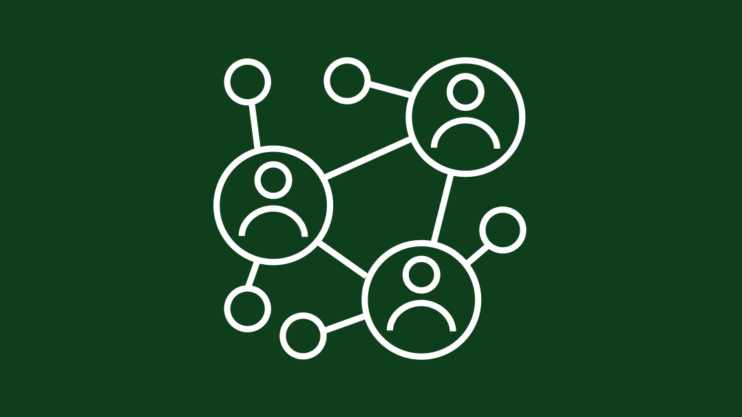 Icon depicting a network of human figures connected by lines against a dark green background. 