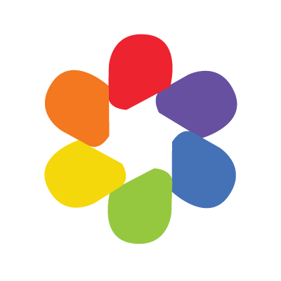 Graphic image of shapes in the colors of the rainbow to form a circular shape like a flower