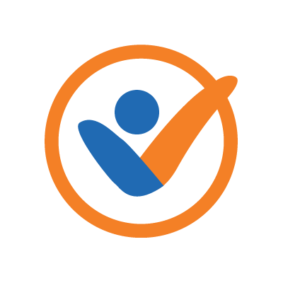 graphic image of an orange circle with a check mark in orange and blue over it