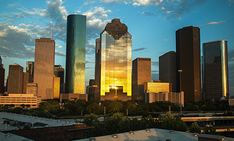 A picture of the Houston skyline at dusk.