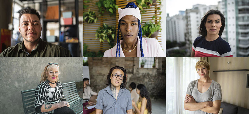 A collage of six different portraits of transgender people looking at the camera and smiling. They are standing in various locations inside and outside.