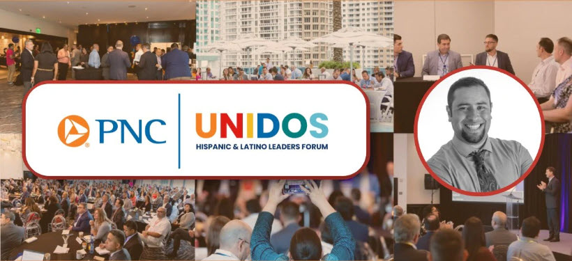 Collage of images of people at events, with a PNC and UNIDOS Logo overlayed on the image