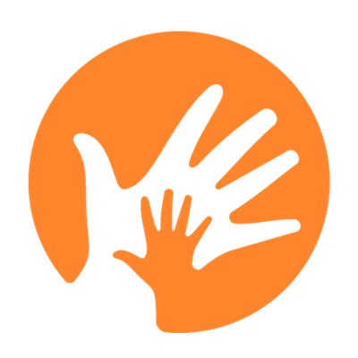 an orange circle with cut out of a large hand, with an orange hand illustrated over it