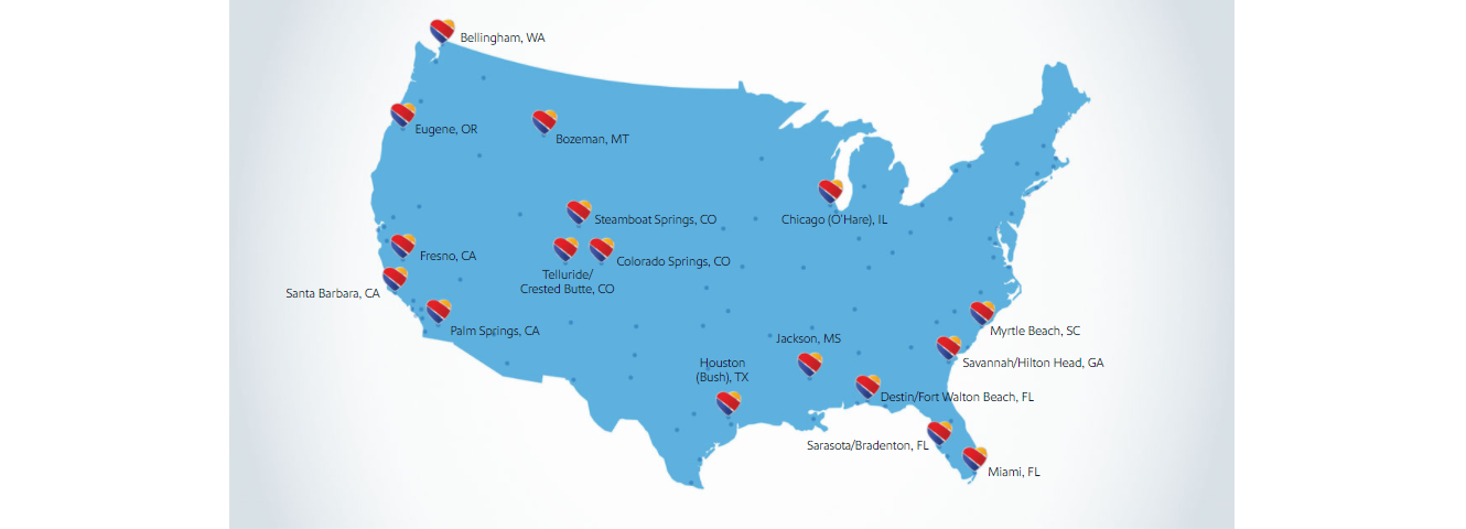 Image that shows cities that Southwest has expanded to since the onset of the pandemic