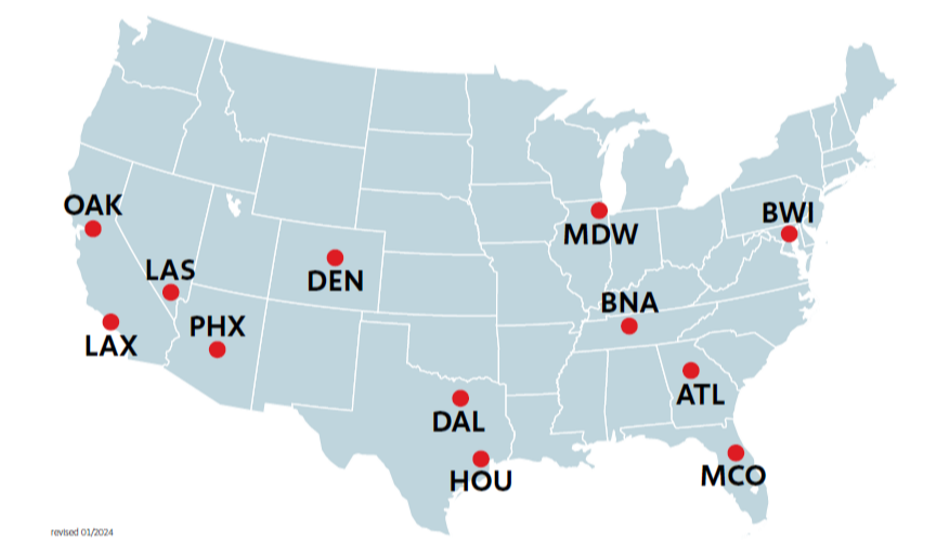 A map of Southwest's Inflight Bases