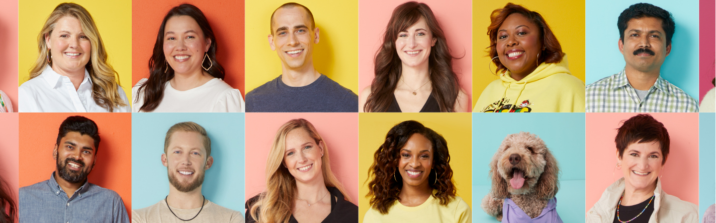 Images of Belk employees on colorful backgrounds