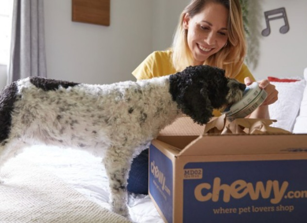 A Chewy team member opening a Chewy box as black and white dog peeks at what's inside