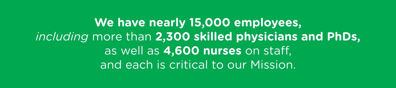 Children's Healthcare of Atlanta staff statistics showing 14,000 employees, 2,300 physicians/PhDs, and 4,600 nurses.