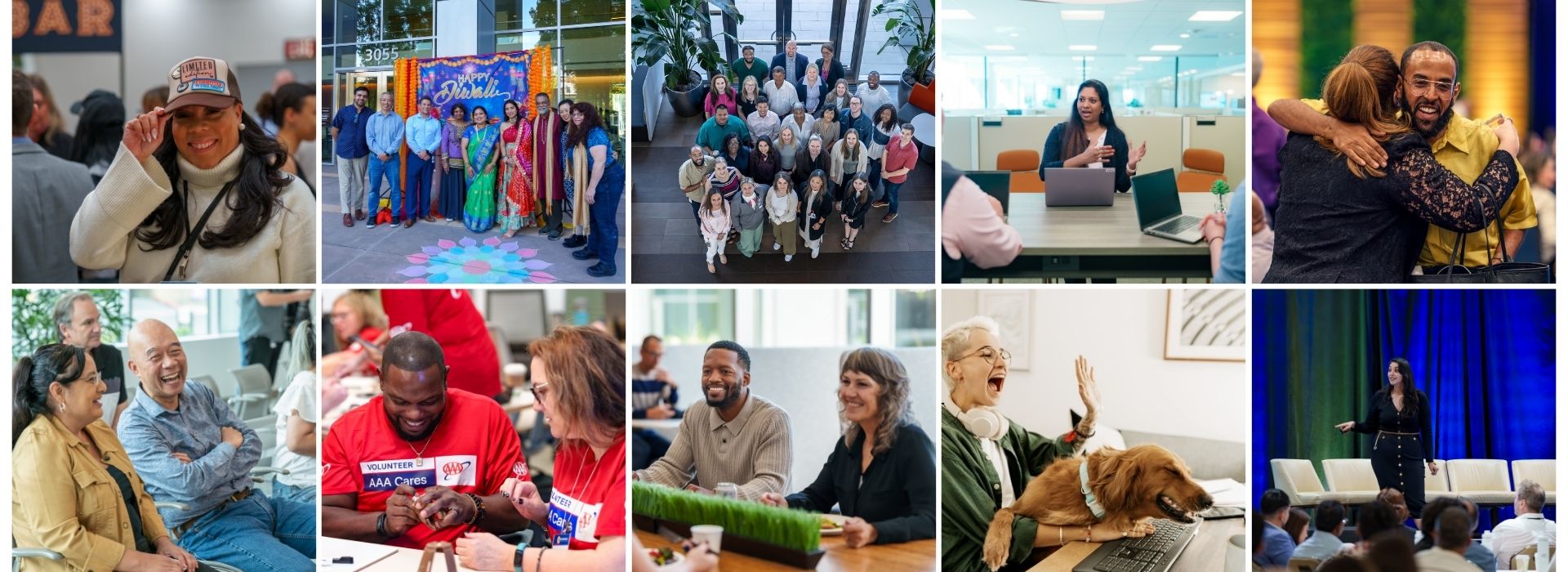 A collage of employee moments, including group photos, collaboration in meetings, volunteering with AAA Cares, community events, learning sessions and everyday work in office and home setting