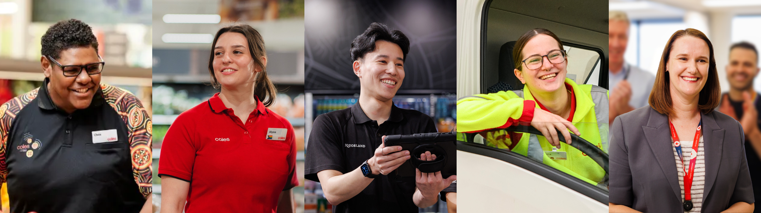 The image shows five team members from Coles, who work in various areas such as supermarkets, liquor, distribution, and corporate SSC functions. They are all smiling and come from diverse backgrounds.