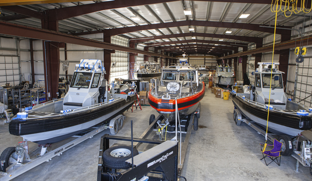 Metal Shark Boats sitting in a warehouse