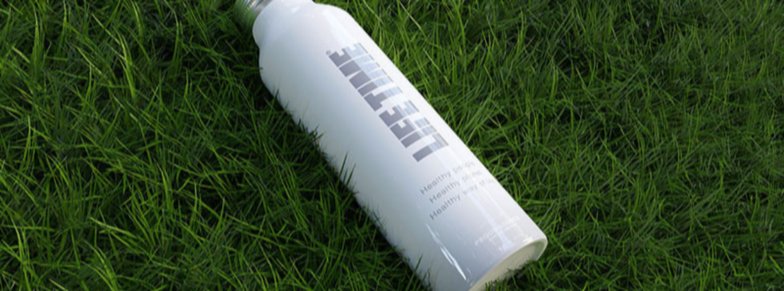 Life Time branded white aluminum water bottles.