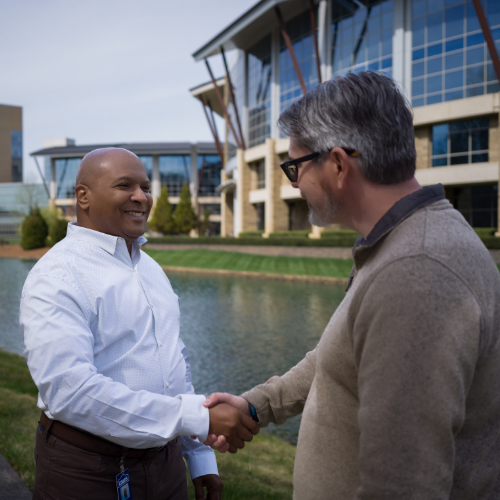 Lowe's associates greeting each other outside of Corporate headquarters