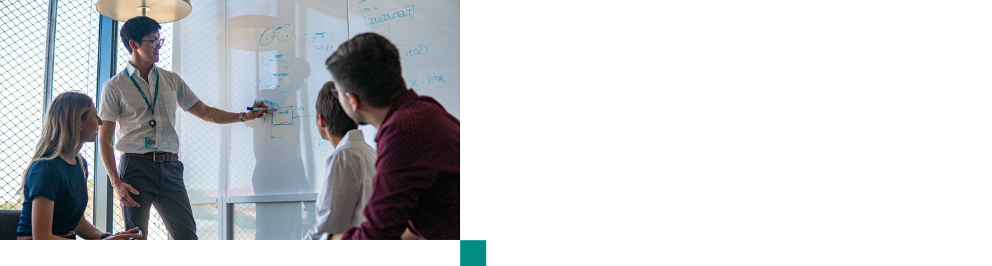 Diverse group of men and women writing on a whiteboard in an office