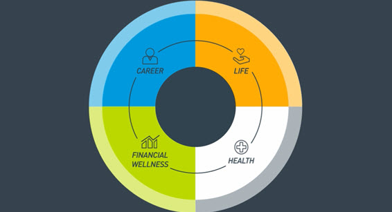 A donut shaped graphic, sectioned off into 4. The top left is blue and says "Career" in black text. The top right is orange and says "life" in black text. The bottom right is white and says "Health" in black text. The bottom left is green and says "financial wellness" in black text.