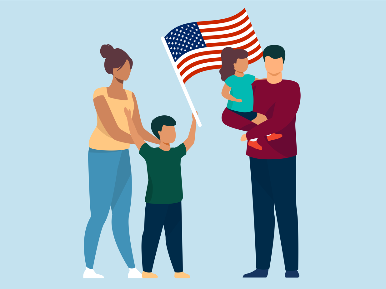 Military family holding the American flag