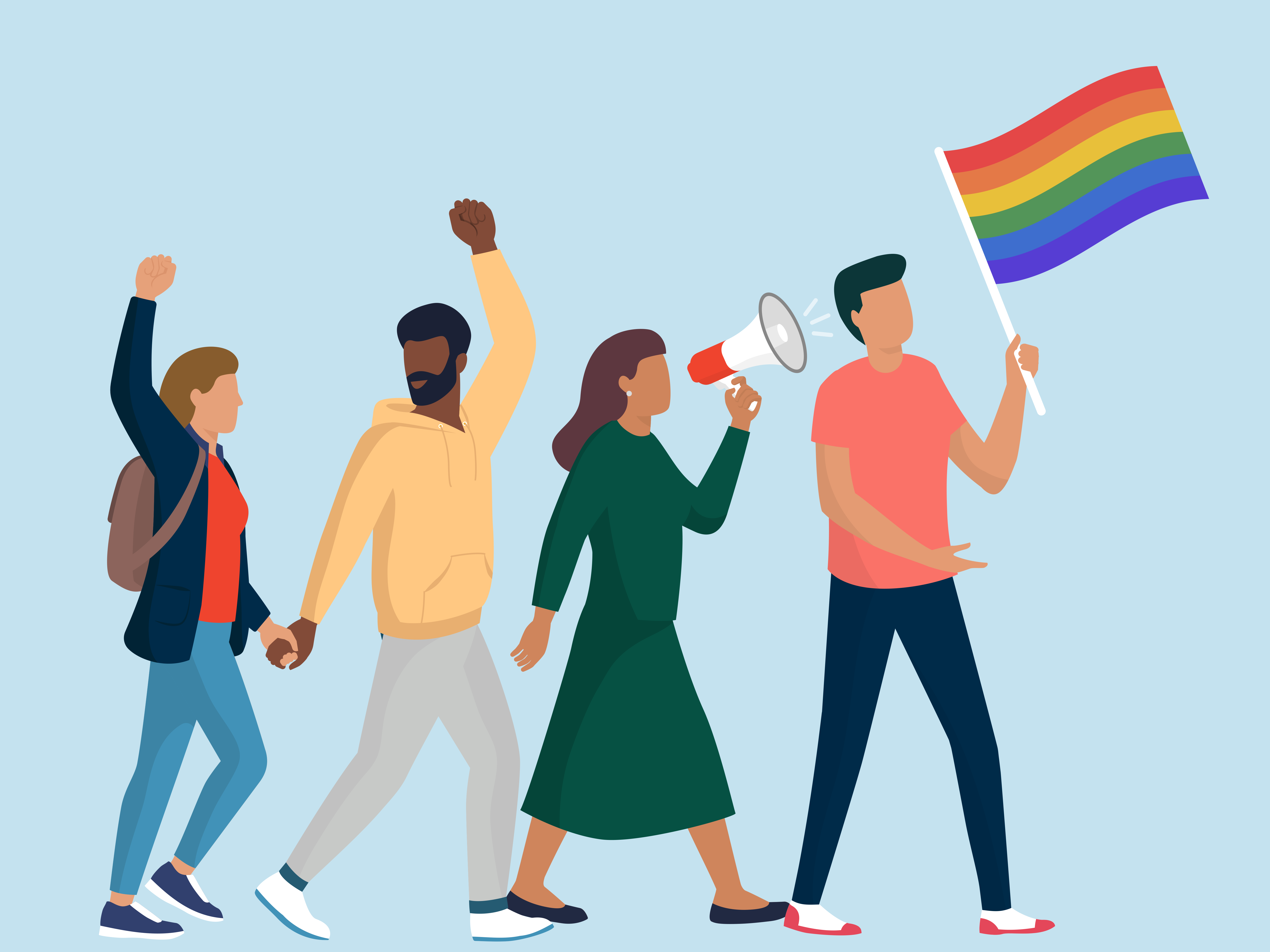 Four people protesting peacefully with a rainbow pride flag