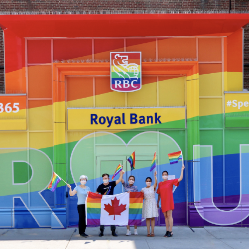Branch entrance with the 2SLGBTQ+ colours and the RBC logo with the 2SLGBTQ+ colours.