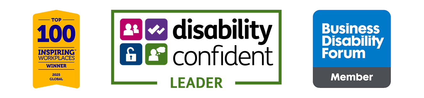 Logos for Top 100 Inspiring Workplaces global award, Disability Confident Leader and Business Disability Forum member