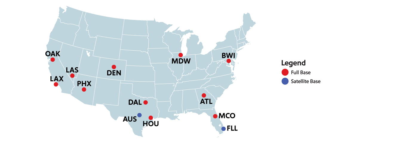 Image that displays a map of the United States with the 11 Inflight Bases marked: Oakland, Chicago, Baltimore, Dallas, Houston, Denver, Las Vegas, Orlando, Phoenix, Atlanta, and Los Angeles with Satellite bases in Fort Lauderdale and Austin
