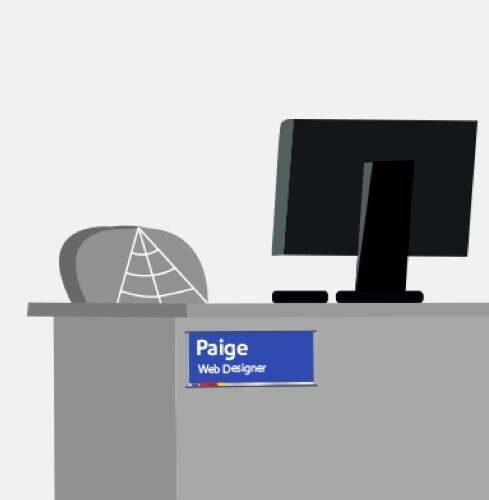 A picture of an empty desk with the nameplate of "Paige"