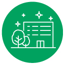 Green circle with white drawing of building
