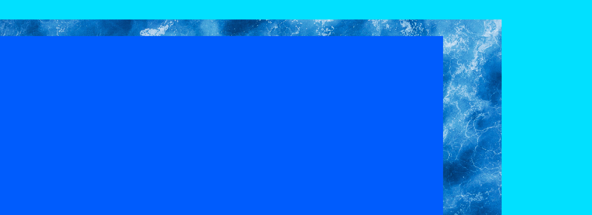 Collage of a solid blue color block, blue waves, light blue border