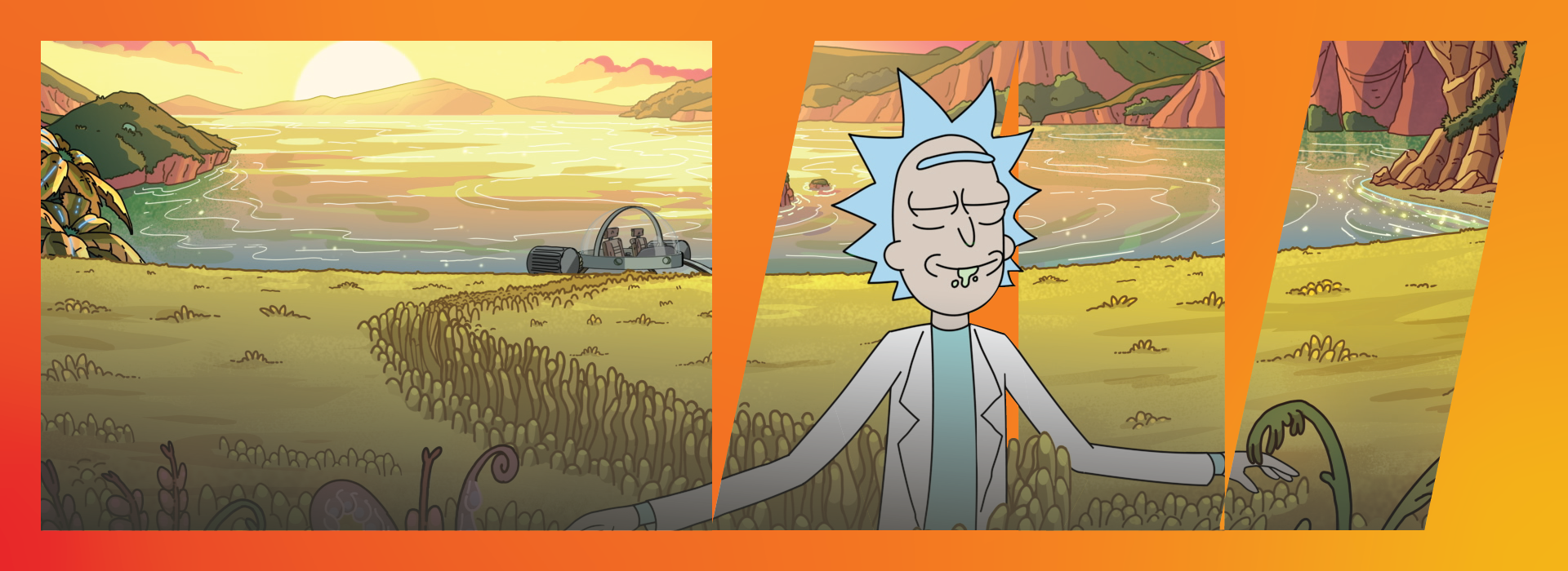 Rick from Rick and Morty standing in front of a lake with the sun setting in the background